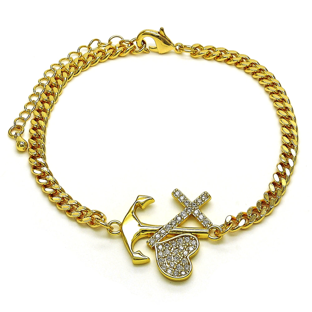 Oro Laminado Fancy Bracelet, Gold Filled Style Anchor and Cross Design, with White Micro Pave, Polished, Golden Finish