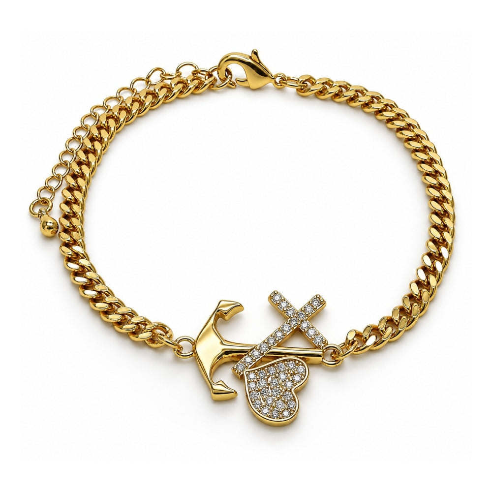 Oro Laminado Fancy Bracelet, Gold Filled Style Anchor and Cross Design, with White Micro Pave, Polished, Golden Finish