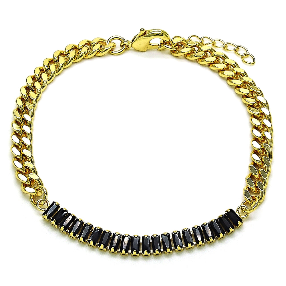 Oro Laminado Fancy Bracelet, Gold Filled Style Miami Cuban and Baguette Design, with Black Cubic Zirconia, Polished, Golden Finish