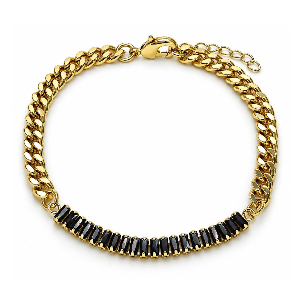 Oro Laminado Fancy Bracelet, Gold Filled Style Miami Cuban and Baguette Design, with Black Cubic Zirconia, Polished, Golden Finish