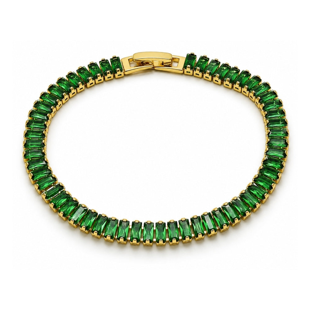 Oro Laminado Tennis Bracelet, Gold Filled Style Baguette Design, with Green Cubic Zirconia, Polished, Golden Finish