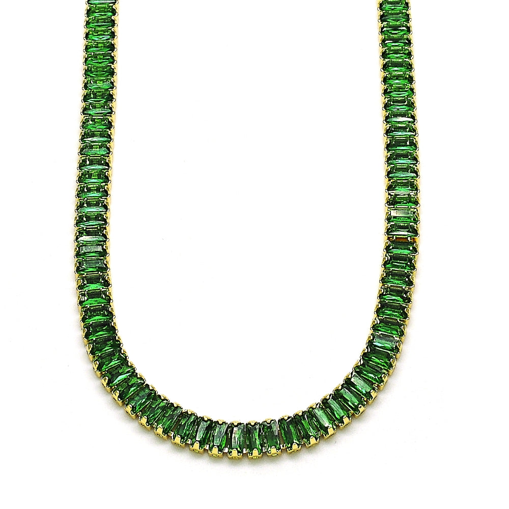 Oro Laminado Fancy Necklace, Gold Filled Style Baguette Design, with Green Cubic Zirconia, Polished, Golden Finish