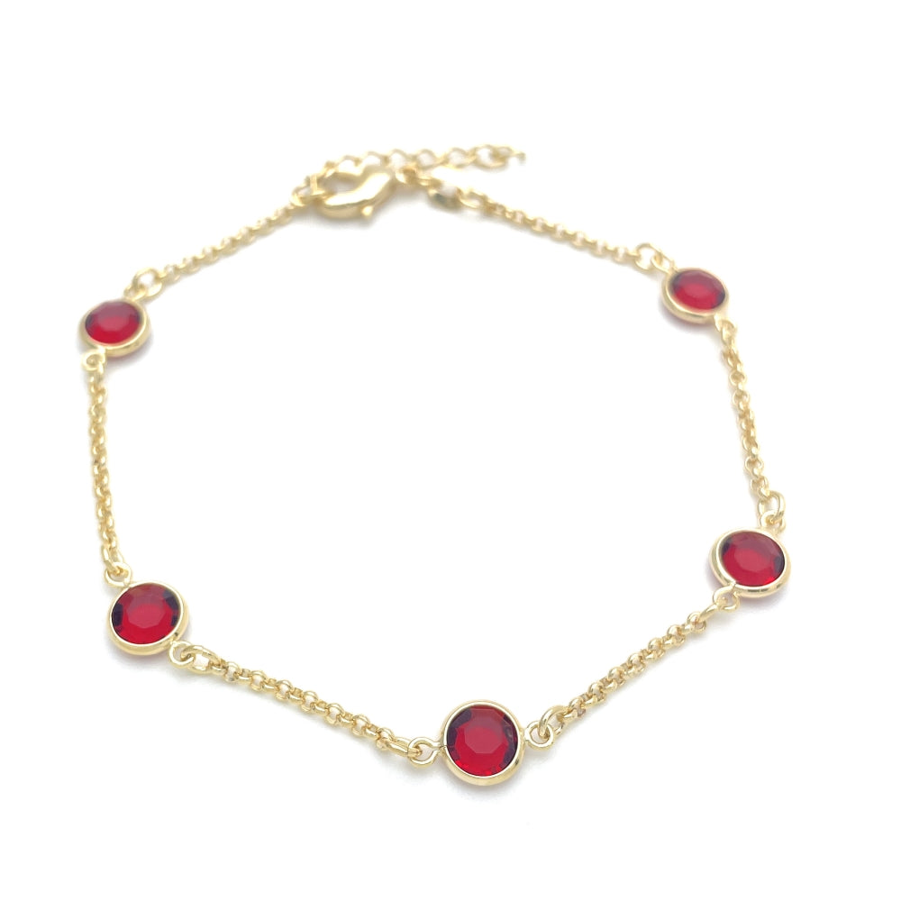 Oro Laminado Basic Bracelet, Gold Filled Style Paperclip Design, with Ruby Crystal, Polished, Golden Finish
