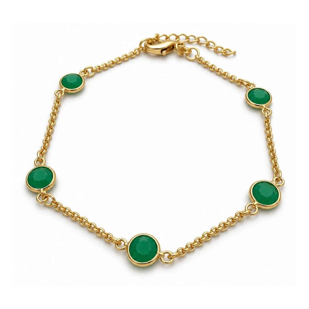 Oro Laminado Basic Bracelet, Gold Filled Style Paperclip Design, with Green Crystal, Polished, Golden Finish