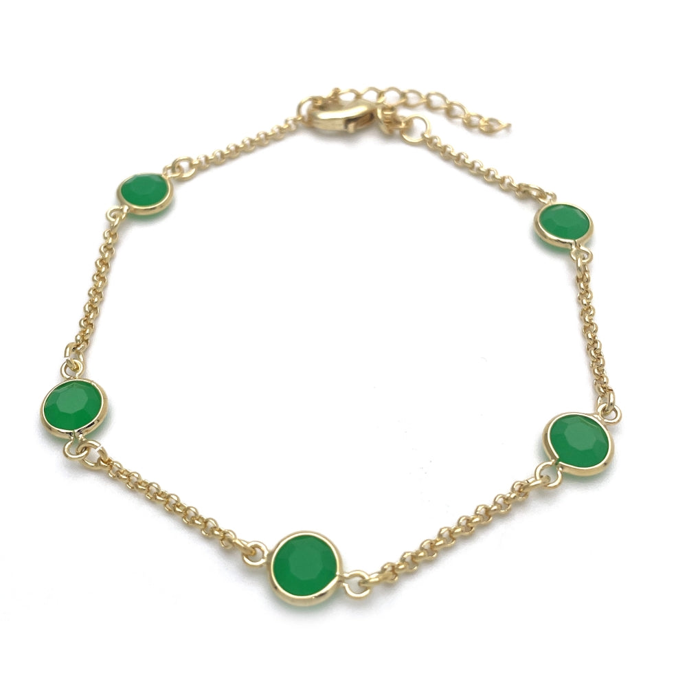 Oro Laminado Basic Bracelet, Gold Filled Style Paperclip Design, with Green Crystal, Polished, Golden Finish