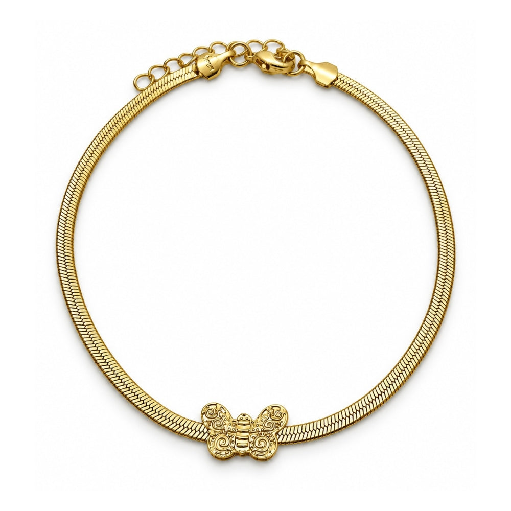 Oro Laminado Basic Bracelet, Gold Filled Style Herringbone and Butterfly Design, Polished, Golden Finish