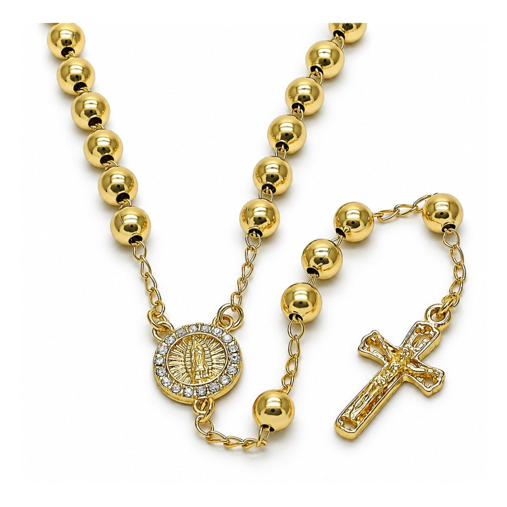 Oro Laminado Medium Rosary, Gold Filled Style Guadalupe and Crucifix Design, with White Crystal, Polished, Golden Finish