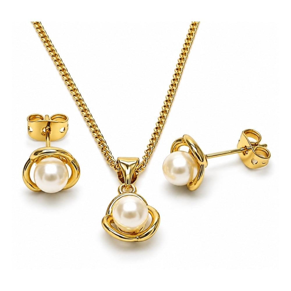 Oro Laminado Earring and Pendant Adult Set, Gold Filled Style Flower Design, with Ivory Pearl, Polished, Golden Finish