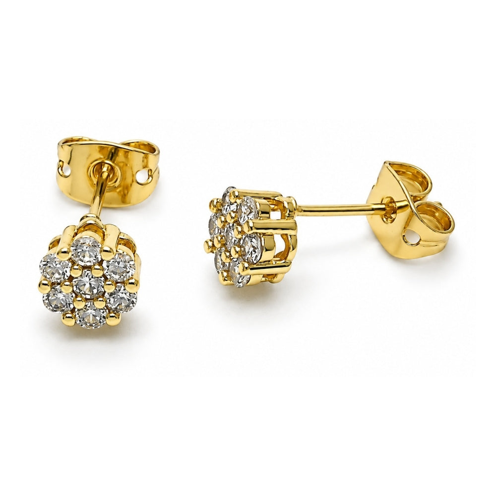 Oro Laminado Stud Earring, Gold Filled Style Flower Design, with White Cubic Zirconia, Polished, Golden Finish