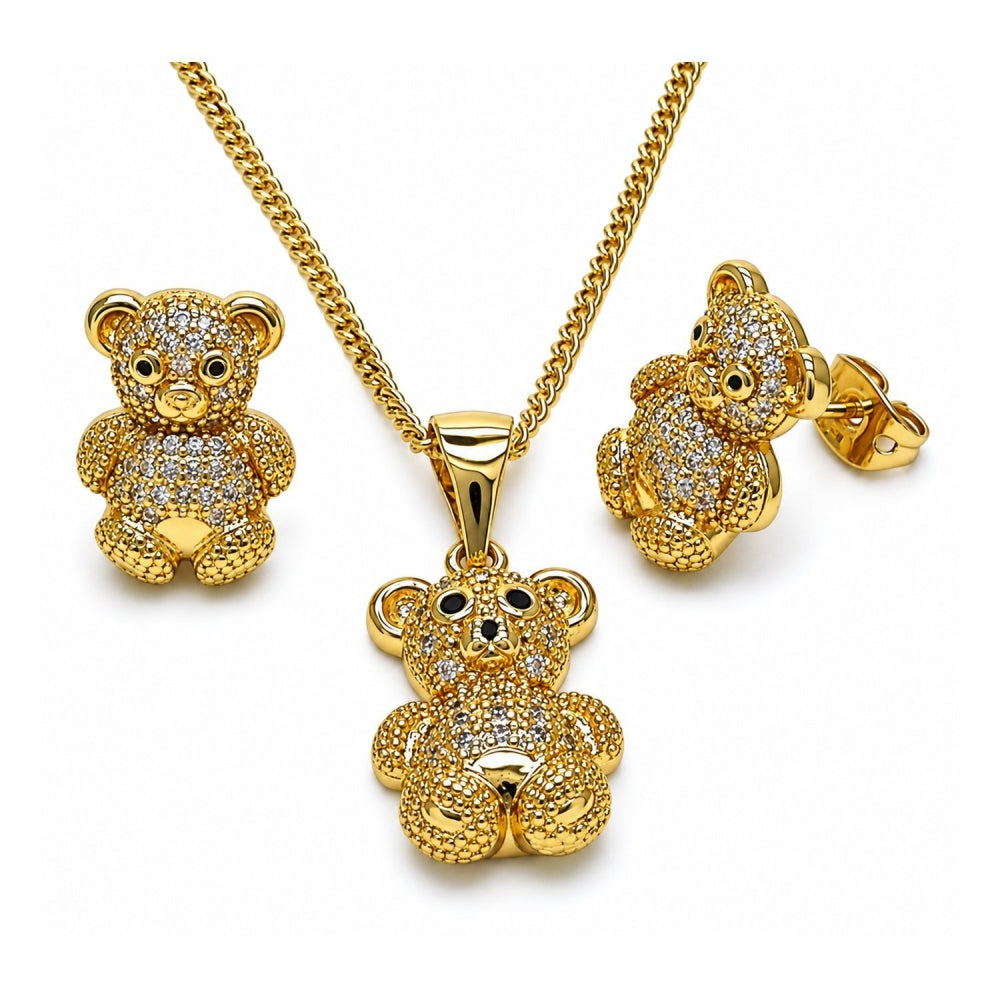 Oro Laminado Earring and Pendant Adult Set, Gold Filled Style Teddy Bear Design, with White and Black Micro Pave, Polished, Golden Finish