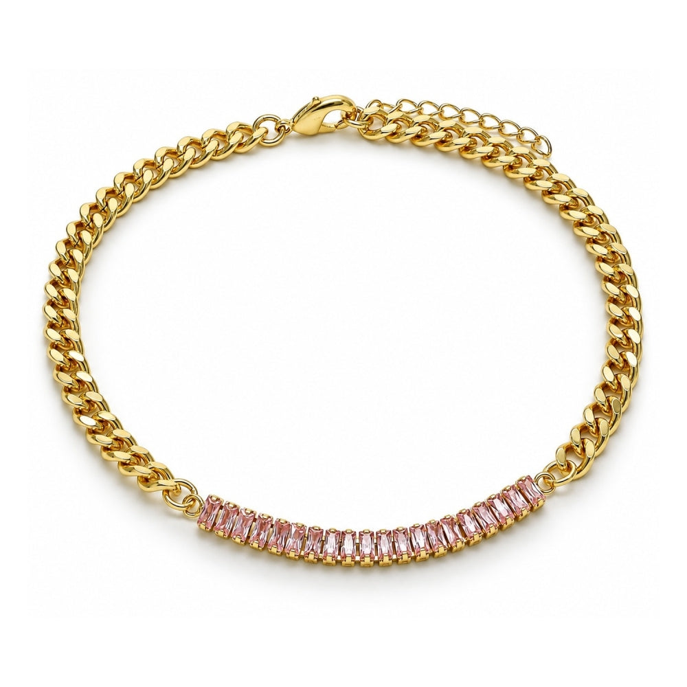 Oro Laminado Fancy Anklet, Gold Filled Style Miami Cuban and Baguette Design, with Pink Cubic Zirconia, Polished, Golden Finish