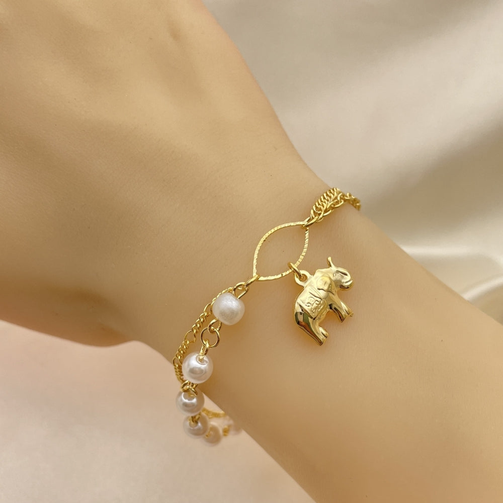 Oro Laminado Charm Bracelet, Gold Filled Style Elephant and Ball Design, with Ivory Pearl, Polished, Golden Finish