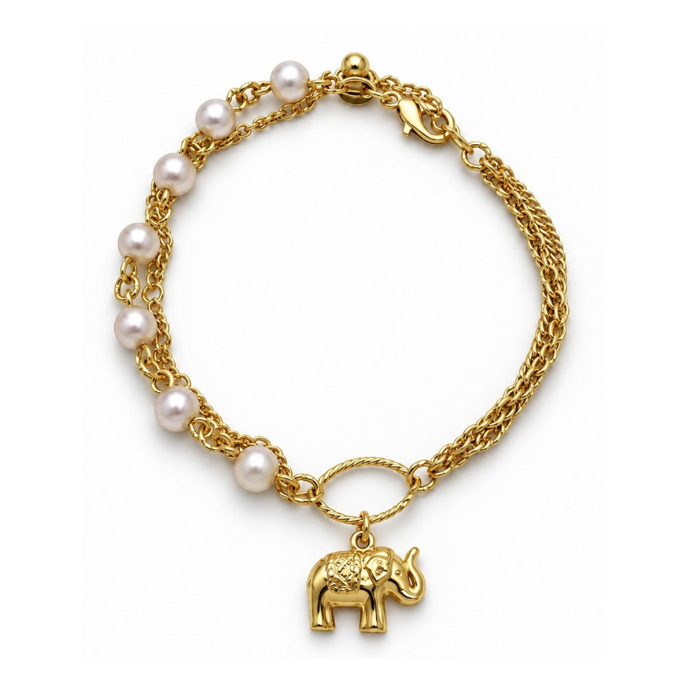 Oro Laminado Charm Bracelet, Gold Filled Style Elephant and Ball Design, with Ivory Pearl, Polished, Golden Finish