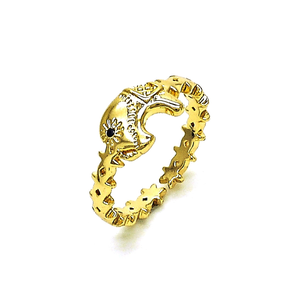 Oro Laminado Multi Stone Ring, Gold Filled Style Elephant Design, with Black Micro Pave, Polished, Golden Finish