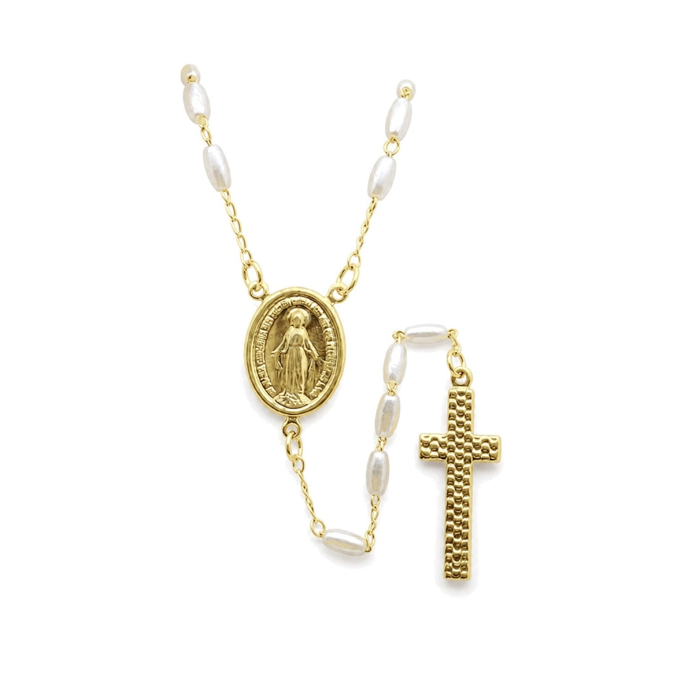 Oro Laminado Medium Rosary, Gold Filled Style Altagracia and Cross Design, with Ivory Pearl, Polished, Golden Finish