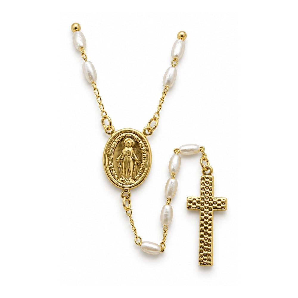 Oro Laminado Medium Rosary, Gold Filled Style Altagracia and Cross Design, with Ivory Pearl, Polished, Golden Finish