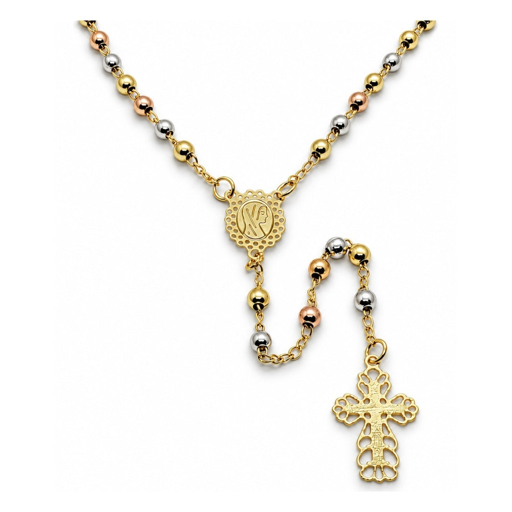 Oro Laminado Thin Rosary, Gold Filled Style Cross and Virgen Maria Design, Polished, Tricolor