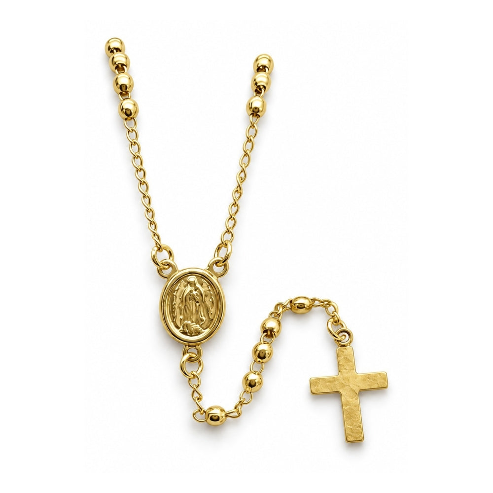 Oro Laminado Thin Rosary, Gold Filled Style Cross and Guadalupe Design, Polished, Golden Finish