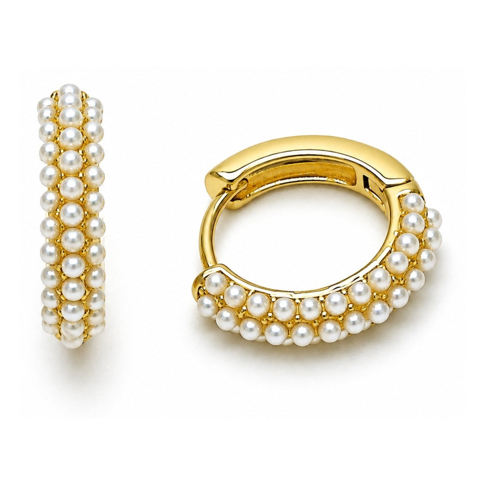 Oro Laminado Huggie Hoop, Gold Filled Style with Ivory Pearl, Polished, Golden Finish