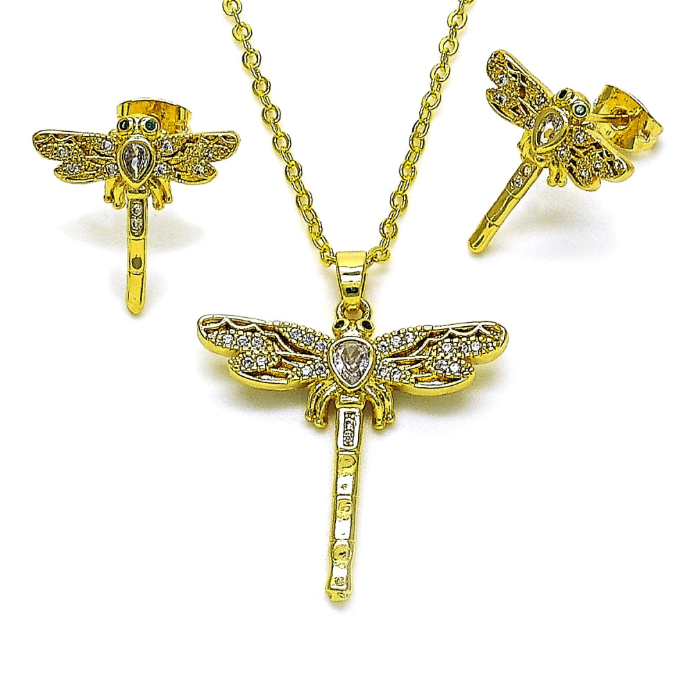 Oro Laminado Earring and Pendant Adult Set, Gold Filled Style Dragon-Fly Design, with White Cubic Zirconia and White Micro Pave, Polished, Golden Finish
