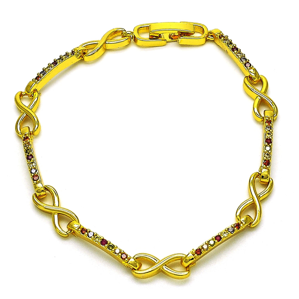 Oro Laminado Fancy Bracelet, Gold Filled Style Hugs and Kisses and Infinite Design, with Multicolor Micro Pave, Polished, Golden Finish