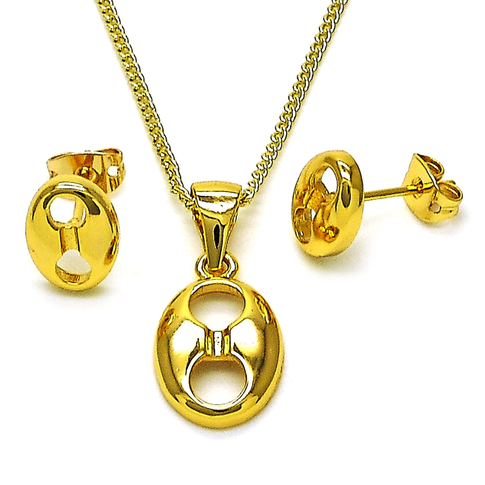 Oro Laminado Earring and Pendant Adult Set, Gold Filled Style Puff Mariner Design, Polished, Golden Finish