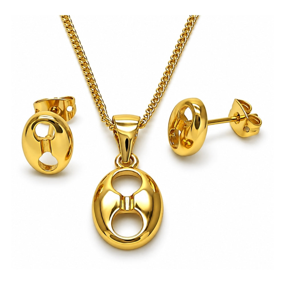 Oro Laminado Earring and Pendant Adult Set, Gold Filled Style Puff Mariner Design, Polished, Golden Finish