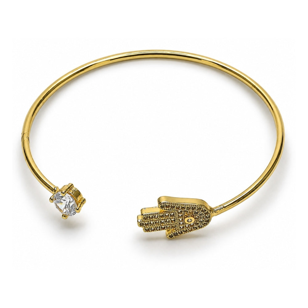 Oro Laminado Individual Bangle, Gold Filled Style Judaica and Hand of God Design, with White Micro Pave and White Cubic Zirconia, Polished, Golden Finish