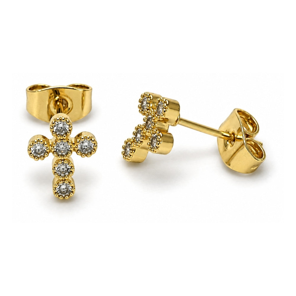 Oro Laminado Stud Earring, Gold Filled Style Cross Design, with White Cubic Zirconia, Polished, Golden Finish