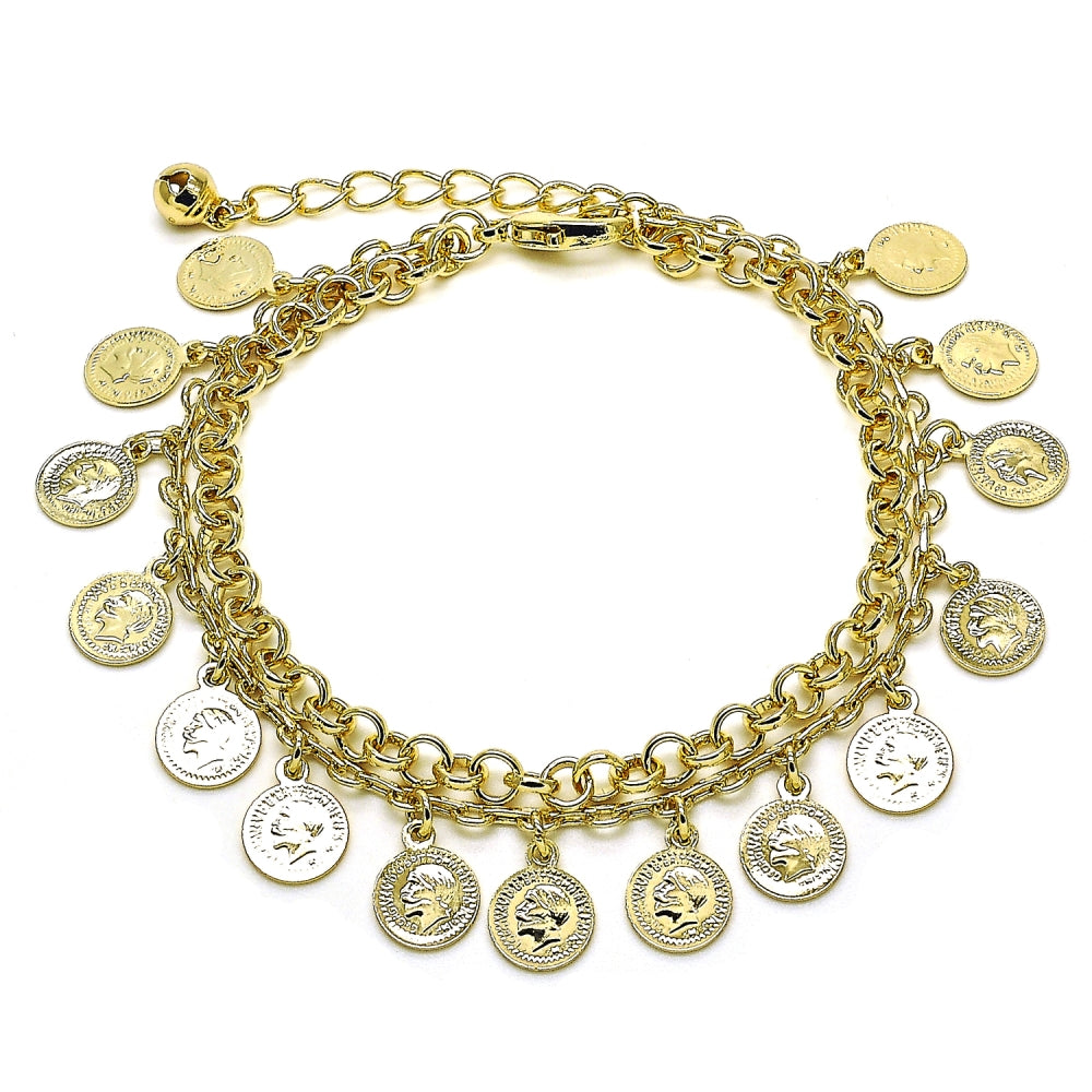 Oro Laminado Charm Bracelet, Gold Filled Style Rolo Design, Polished, Golden Finish