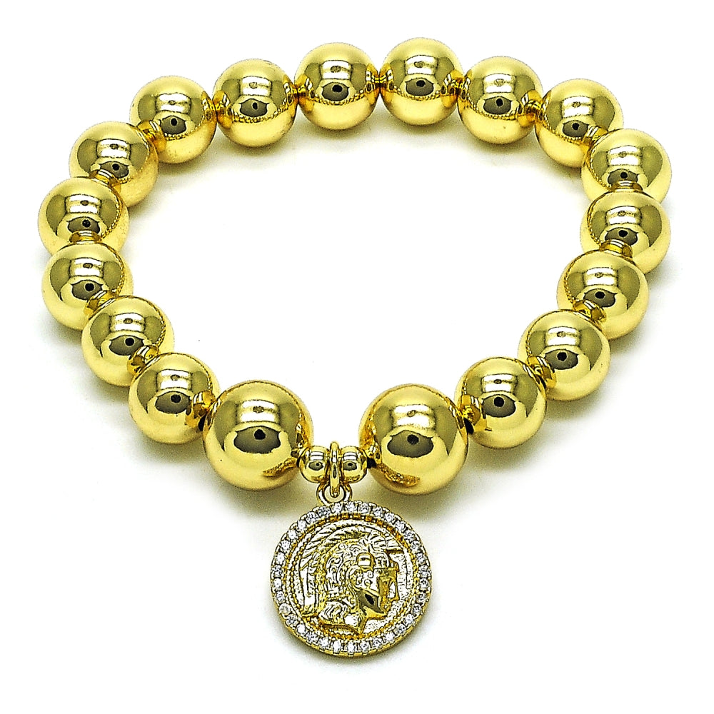 Oro Laminado Fancy Bracelet, Gold Filled Style Expandable Bead and Ball Design, with White Micro Pave, Polished, Golden Finish
