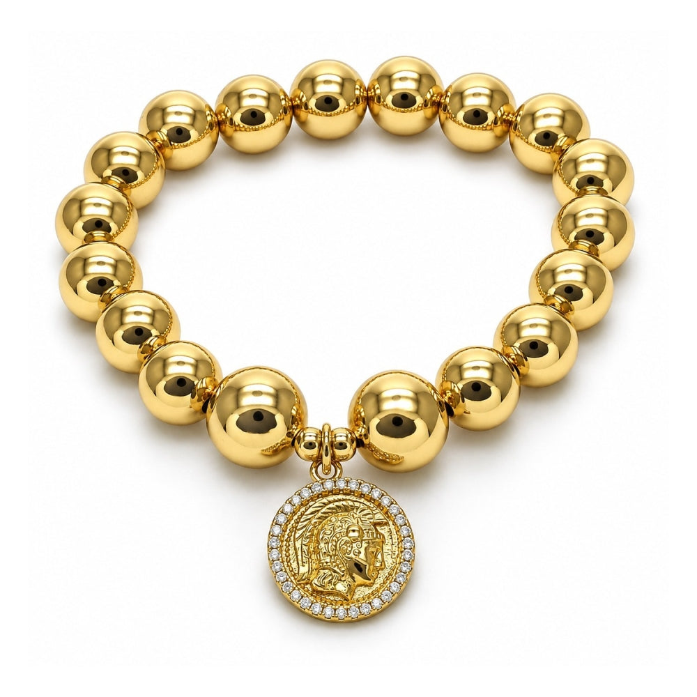 Oro Laminado Fancy Bracelet, Gold Filled Style Expandable Bead and Ball Design, with White Micro Pave, Polished, Golden Finish