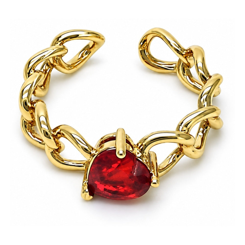 Oro Laminado Multi Stone Ring, Gold Filled Style Heart and Curb Design, with Garnet Cubic Zirconia, Polished, Golden Finish
