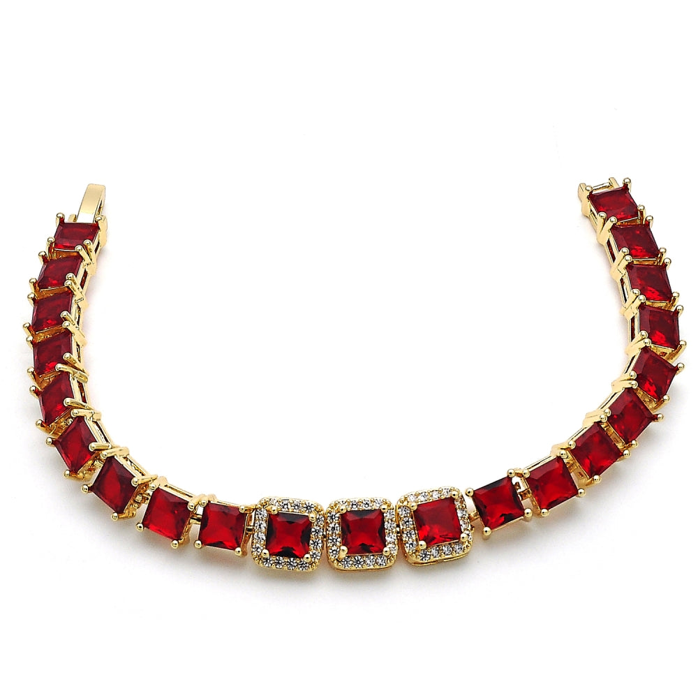 Oro Laminado Tennis Bracelet, Gold Filled Style with Garnet Cubic Zirconia and White Micro Pave, Polished, Golden Finish