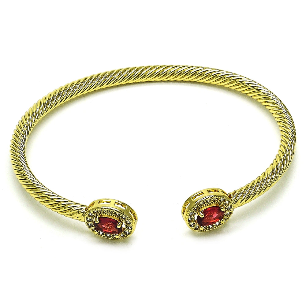 Oro Laminado Individual Bangle, Gold Filled Style Twist Design, with Ruby Cubic Zirconia and White Micro Pave, Polished, Golden Finish