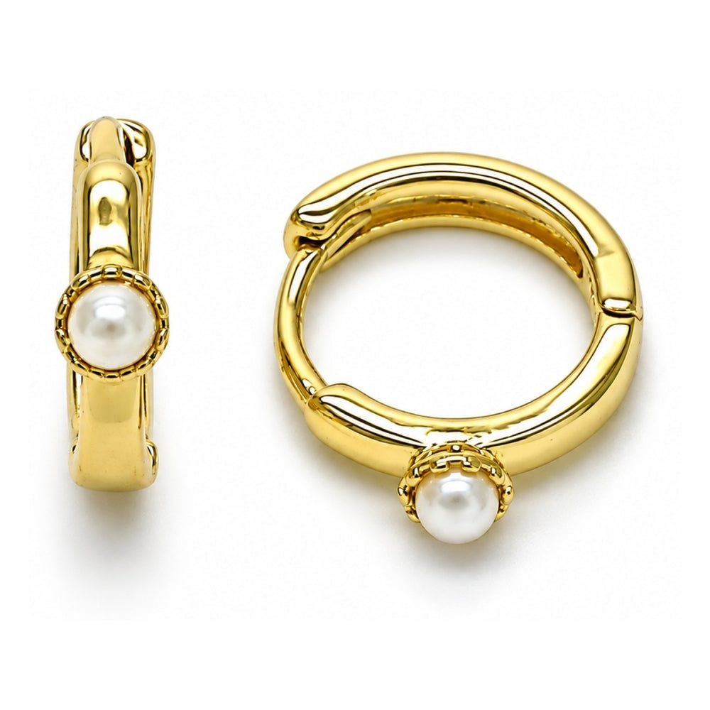 Oro Laminado Huggie Hoop, Gold Filled Style Ball Design, with Ivory Pearl, Polished, Golden Finish