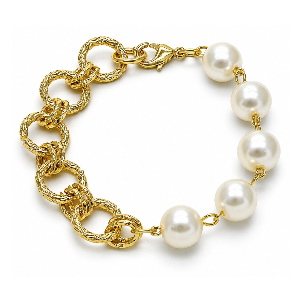 Oro Laminado Fancy Bracelet, Gold Filled Style Ball and Twist Design, with Ivory Pearl, Diamond Cutting Finish, Golden Finish