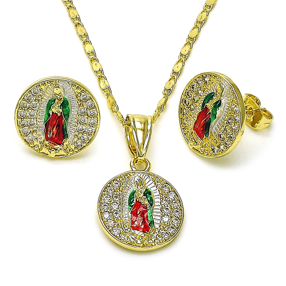 Oro Laminado Earring and Pendant Adult Set, Gold Filled Style Guadalupe Design, with White Cubic Zirconia, Polished, Tricolor