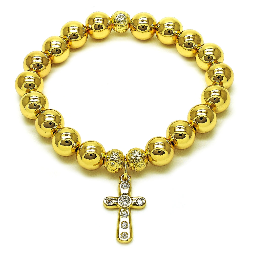 Oro Laminado Fancy Bracelet, Gold Filled Style Ball and Hollow Design, with White Cubic Zirconia, Polished, Golden Finish