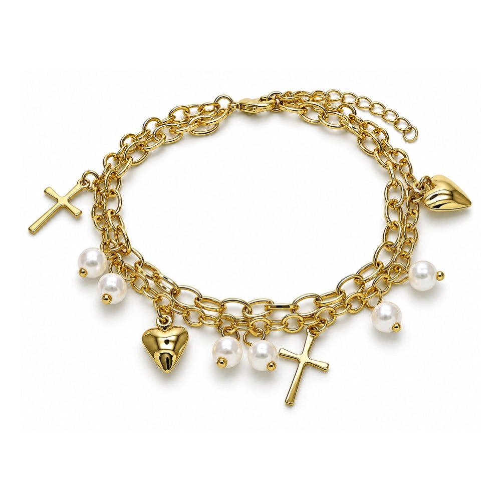 Oro Laminado Charm Bracelet, Gold Filled Style Rolo and Heart Design, with Ivory Pearl, Polished, Golden Finish
