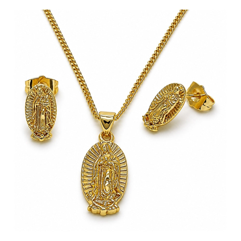 Oro Laminado Earring and Pendant Adult Set, Gold Filled Style Guadalupe Design, Polished, Golden Finish