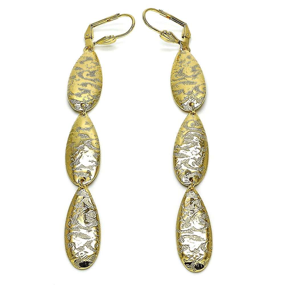 Oro Laminado Long Earring, Gold Filled Style Leaf Design, Polished, Golden Finish