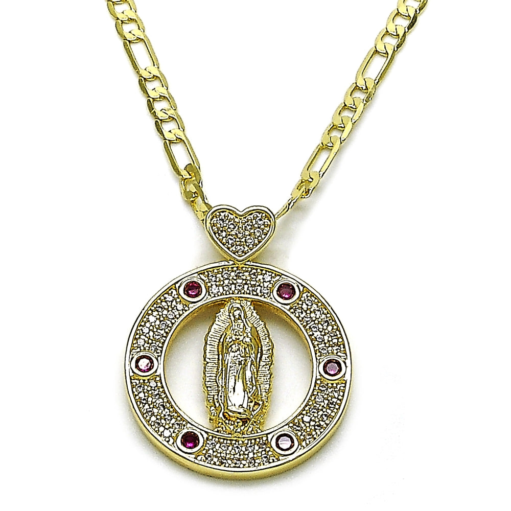 Oro Laminado Pendant Necklace, Gold Filled Style Guadalupe and Heart Design, with Ruby Cubic Zirconia and White Micro Pave, Polished, Golden Finish
