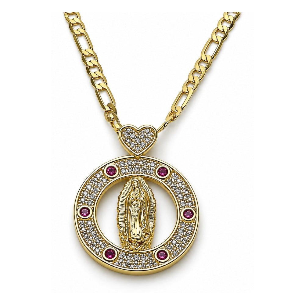 Oro Laminado Pendant Necklace, Gold Filled Style Guadalupe and Heart Design, with Ruby Cubic Zirconia and White Micro Pave, Polished, Golden Finish