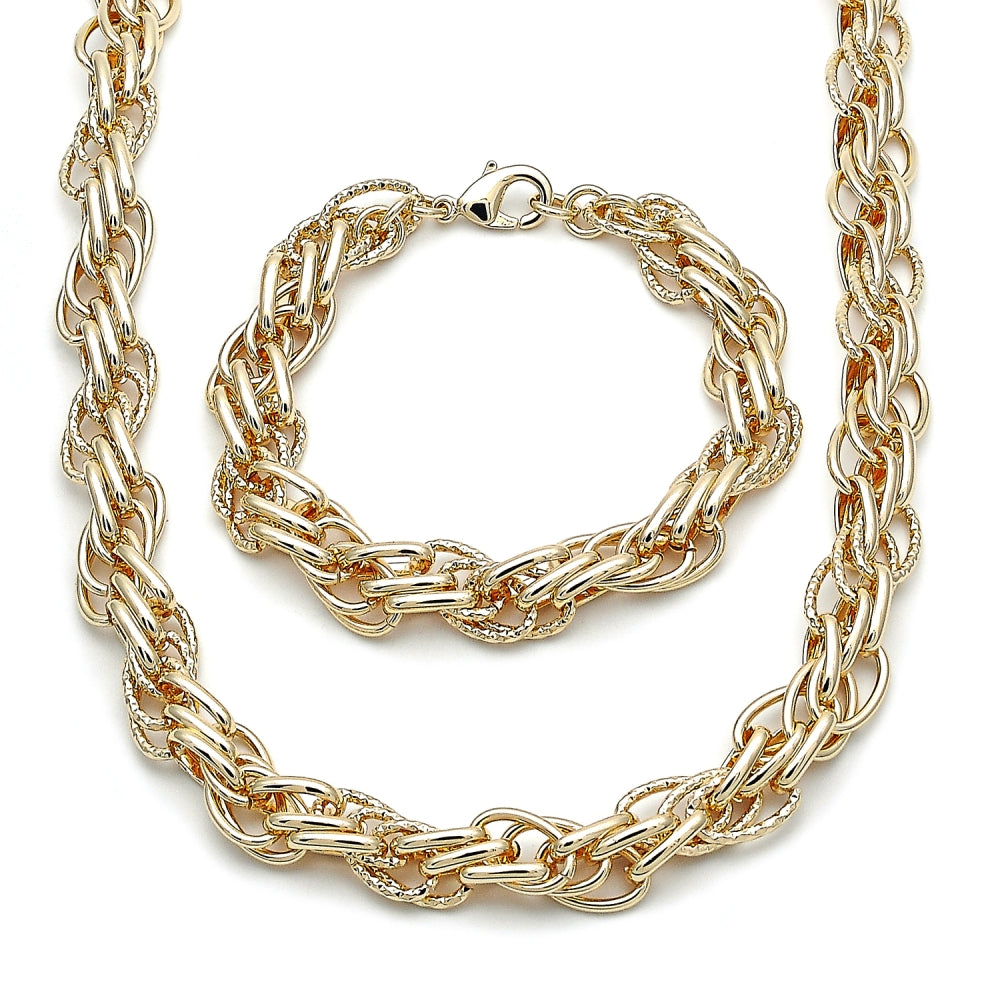 Oro Laminado Necklace and Bracelet, Gold Filled Style Diamond Cutting Finish, Golden Finish