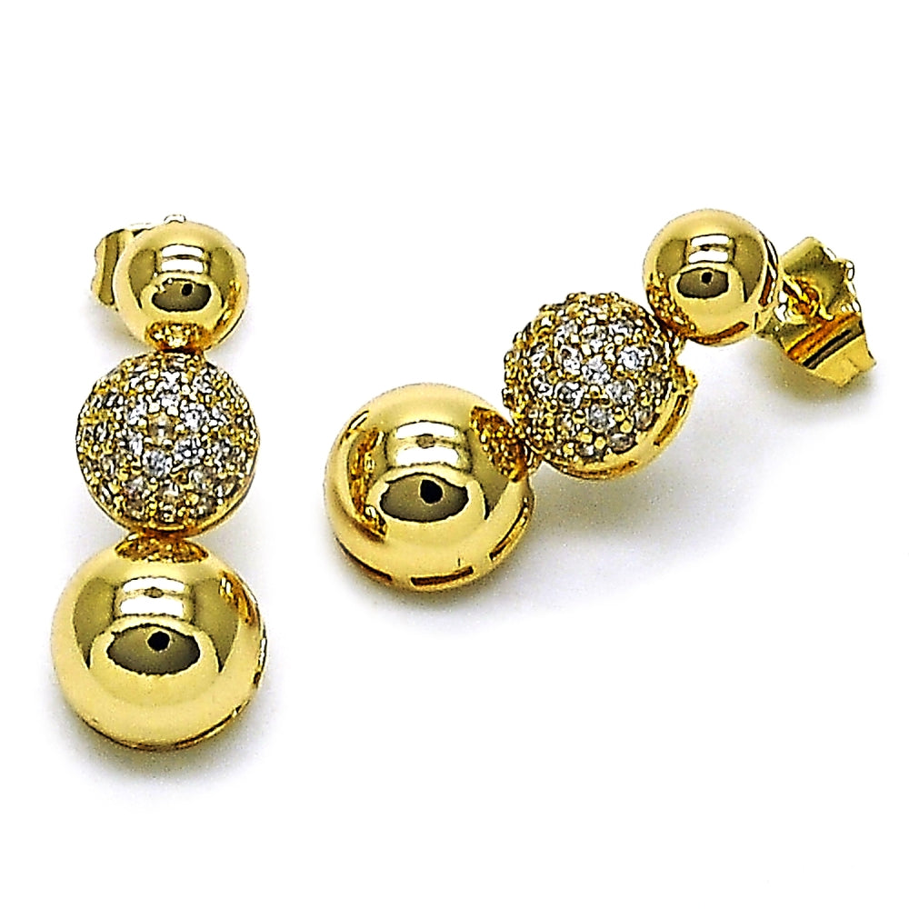 Oro Laminado Stud Earring, Gold Filled Style Ball Design, with White Micro Pave, Polished, Golden Finish