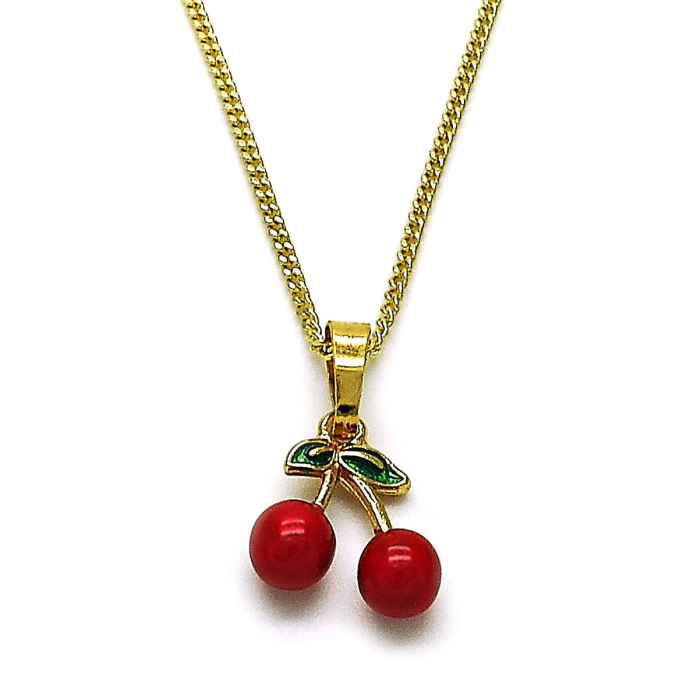 Oro Laminado Pendant Necklace, Gold Filled Style Cherry Design, Red Enamel Finish, Golden Finish