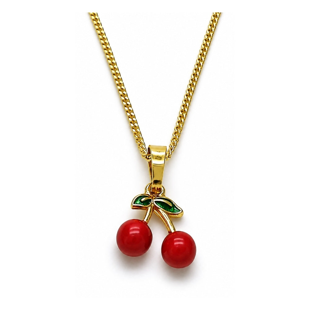 Oro Laminado Pendant Necklace, Gold Filled Style Cherry Design, Red Enamel Finish, Golden Finish
