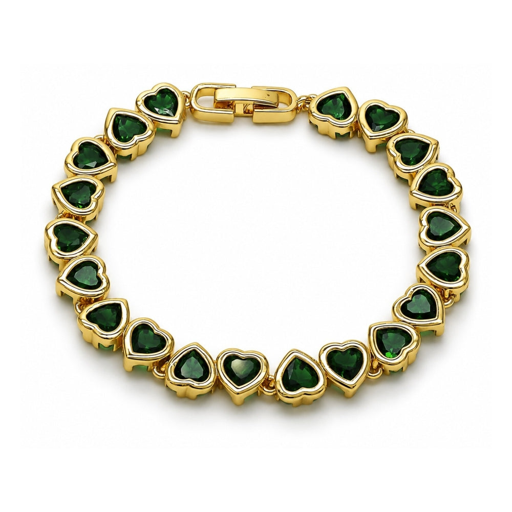 Oro Laminado Tennis Bracelet, Gold Filled Style Heart Design, with Green Cubic Zirconia, Polished, Golden Finish