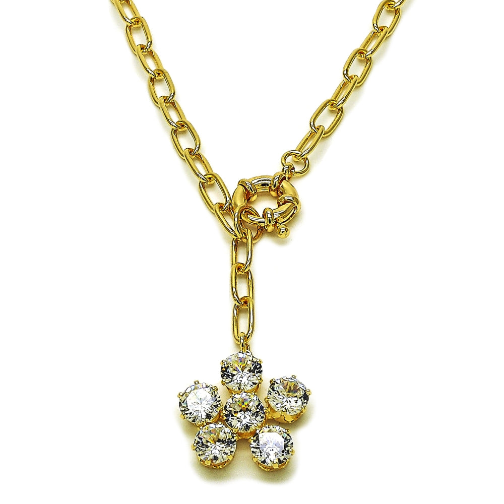 Oro Laminado Fancy Necklace, Gold Filled Style Flower and Rolo Design, with White Cubic Zirconia, Polished, Golden Finish